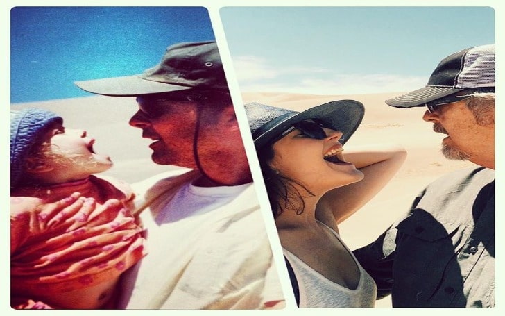 Lauren Norvelle's childhood photo on the left posing in an orange t-shirt and blue cap with her father. Lauren Norvelle's present photo on the right smiling in a black hat and white top with her father in a black cap and grey jacket.